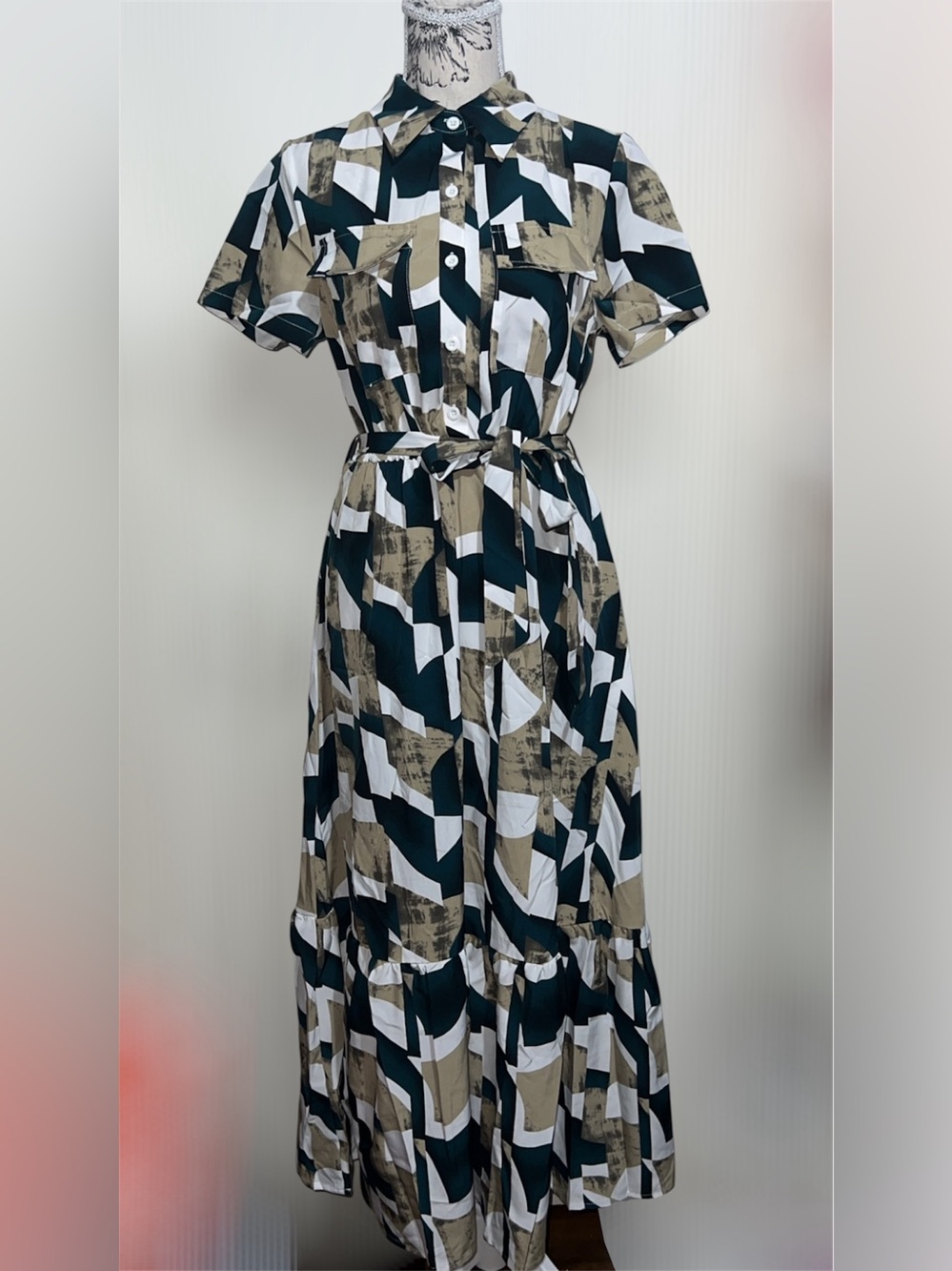Geometric Print Maxi Shirt Dress in Cream & Black - Picture 3 of 3